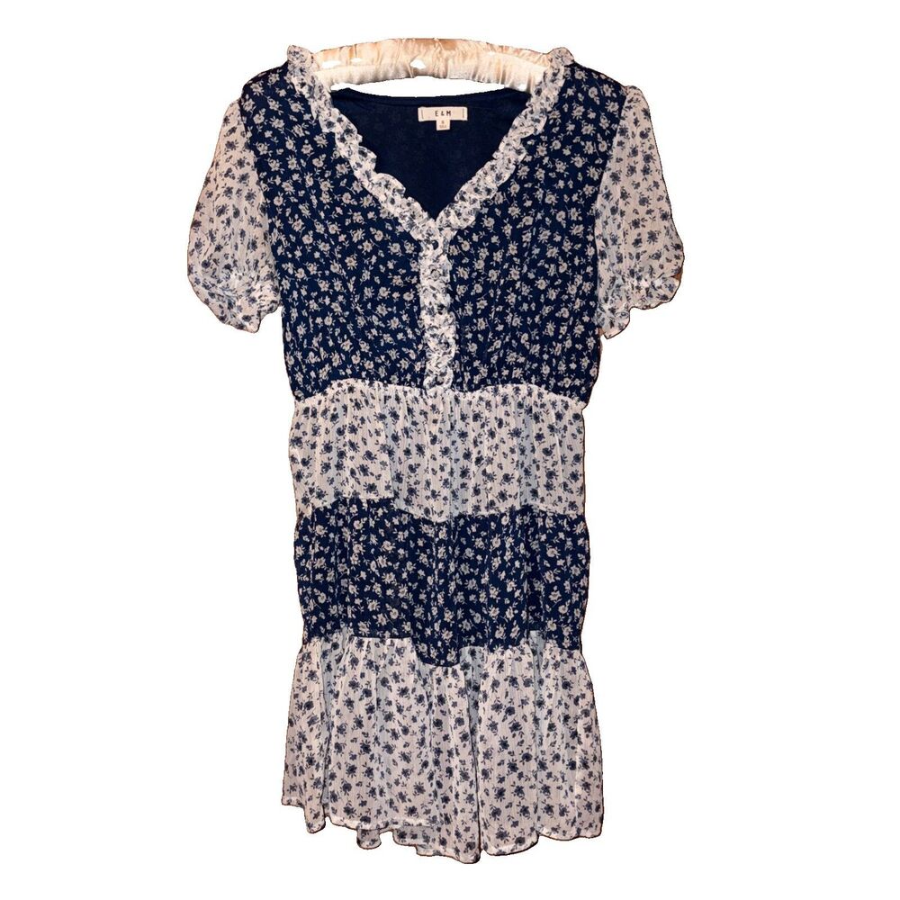 Women’s E & M Blue White Lined Tiered Floral Ruffle Mini Dress Size S